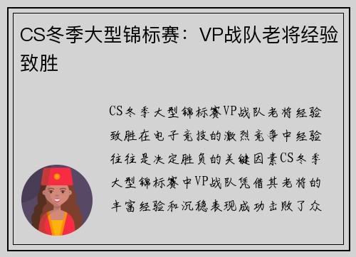 CS冬季大型锦标赛：VP战队老将经验致胜